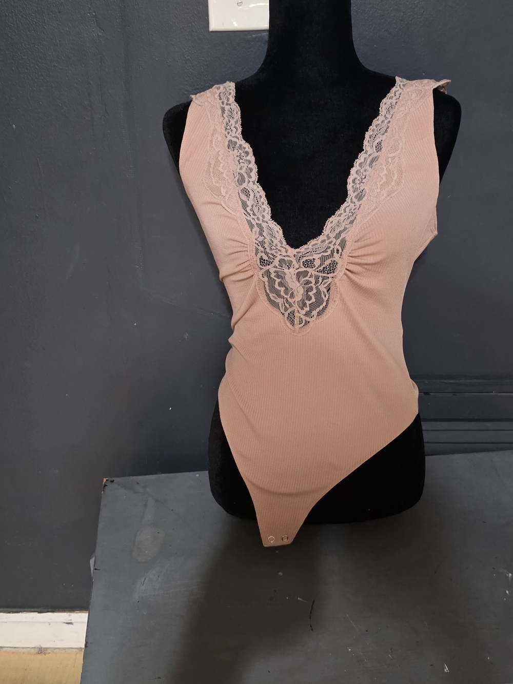 Free People Blush Pink Lace Trim Ribbed Bodysuit